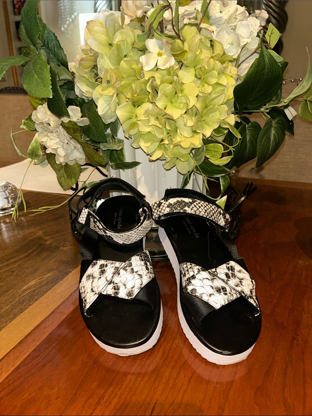 kate spade Black and White Snakeskin Platform Sandals